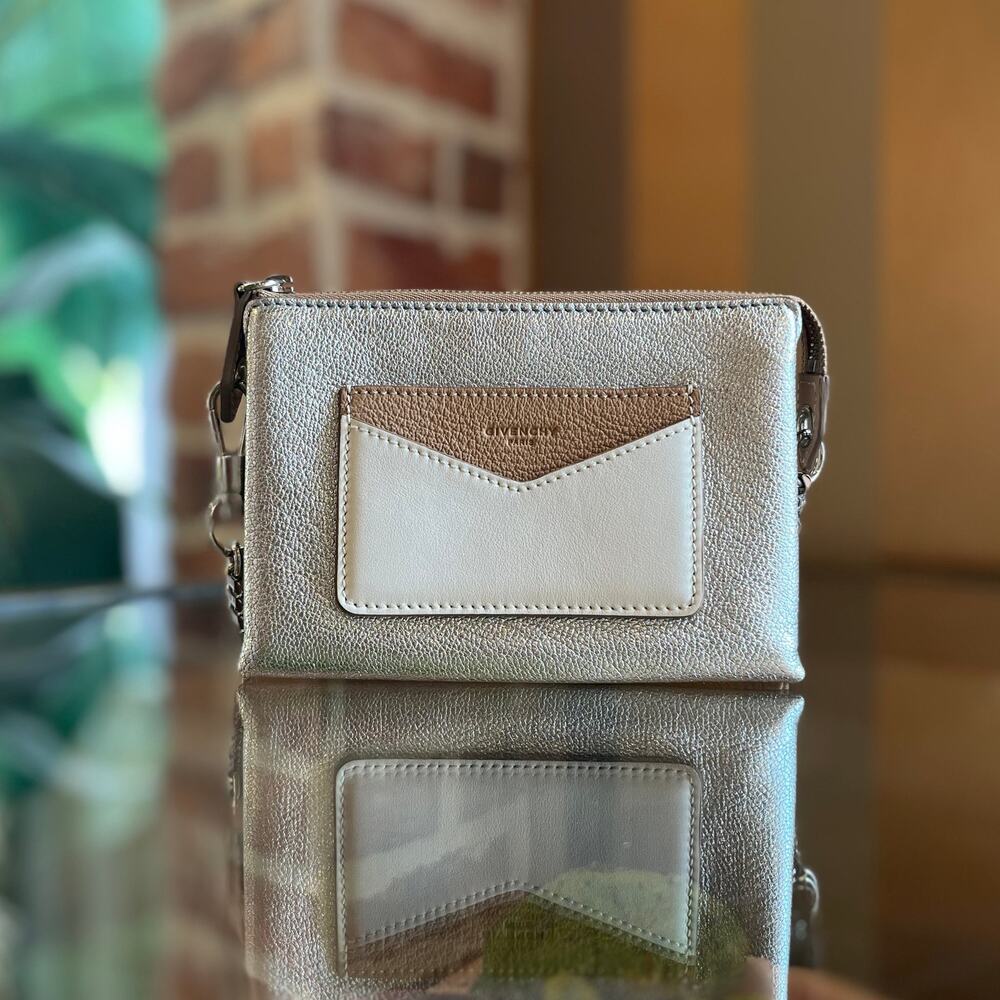 GIVENCHY Metallic Silver Beige Leather Dutton Pouch